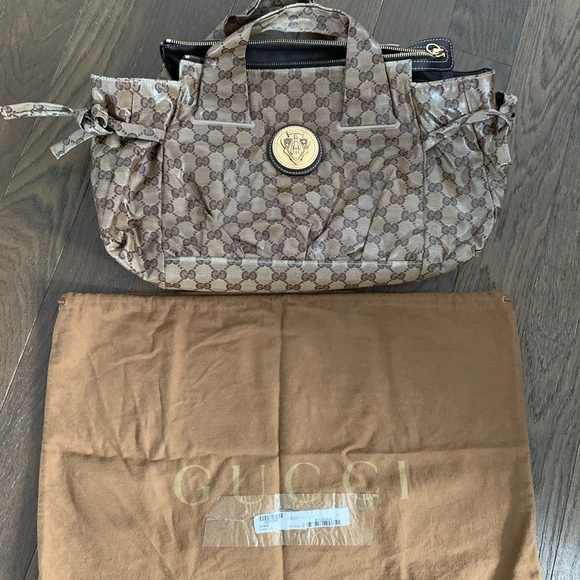 Authentic GUCCI beige/brown Crystal GG Histeria Tote Bag Hand Bag - Picture 2 of 11